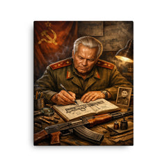 Mikhail Kalashnikov sketching rifle mechanisms in notebook canvas print on a plain backdrop in size 16"x20".