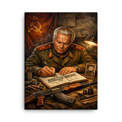 Mikhail Kalashnikov sketching rifle mechanisms in notebook canvas print on a plain backdrop in size 18"x24".