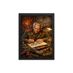 Mikhail Kalashnikov sketching rifle mechanisms in notebook framed print on a plain backdrop in size 12"x16".