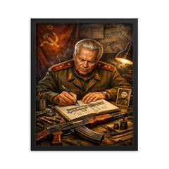 Mikhail Kalashnikov sketching rifle mechanisms in notebook framed print on a plain backdrop in size 16"x20".
