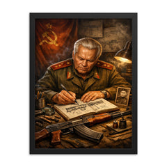 Mikhail Kalashnikov sketching rifle mechanisms in notebook framed print on a plain backdrop in size 18"x24".