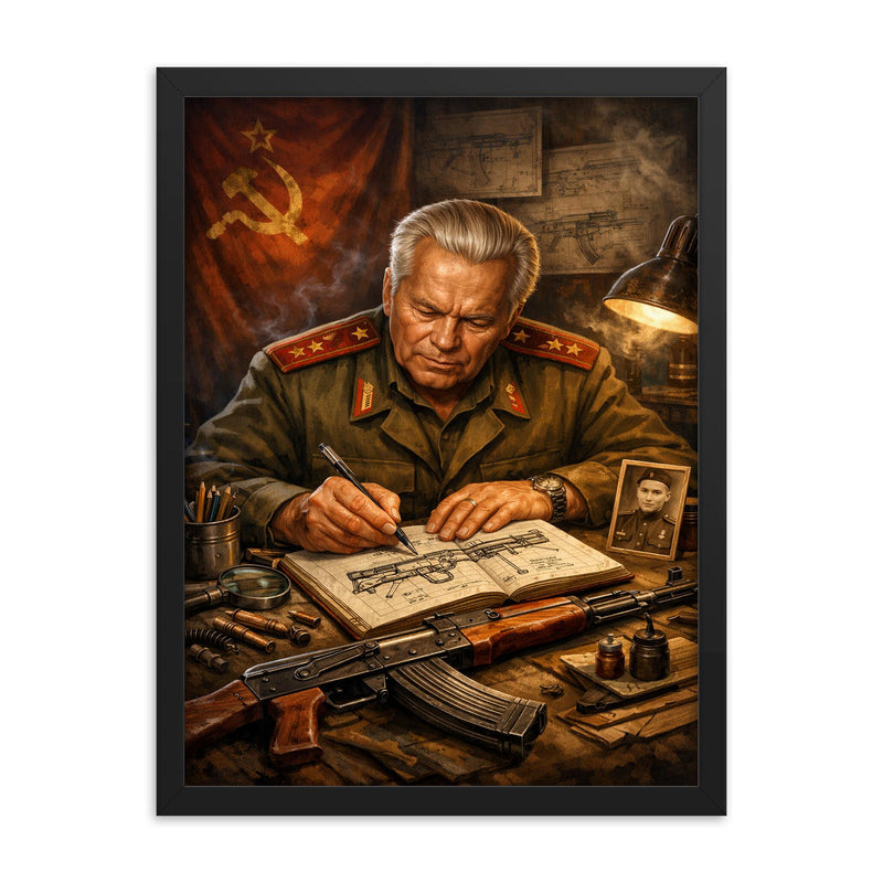 Mikhail Kalashnikov sketching rifle mechanisms in notebook framed print on a plain backdrop in size 18