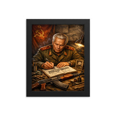 Mikhail Kalashnikov sketching rifle mechanisms in notebook framed print on a plain backdrop in size 8"x10".