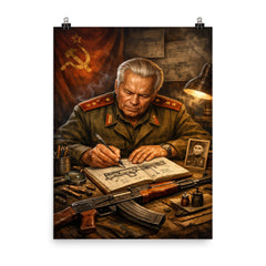 Mikhail Kalashnikov sketching rifle mechanisms in notebook poster on a plain backdrop in size 8"x10".