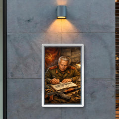 Mikhail Kalashnikov sketching rifle mechanisms in notebook poster 2
