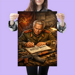 Mikhail Kalashnikov sketching rifle mechanisms in notebook poster 3