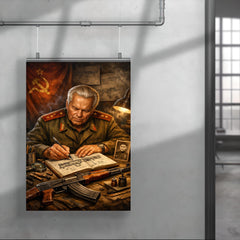 Mikhail Kalashnikov sketching rifle mechanisms in notebook poster 4