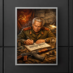 Mikhail Kalashnikov sketching rifle mechanisms in notebook poster 5