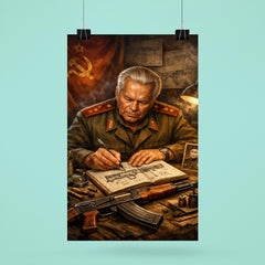 Mikhail Kalashnikov sketching rifle mechanisms in notebook poster 6