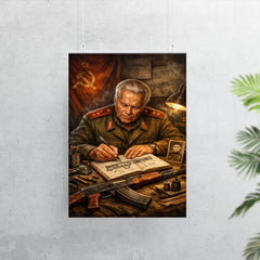 Mikhail Kalashnikov sketching rifle mechanisms in notebook poster 7