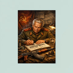 Mikhail Kalashnikov sketching rifle mechanisms in notebook poster 8