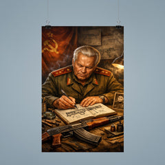 Mikhail Kalashnikov sketching rifle mechanisms in notebook poster 9
