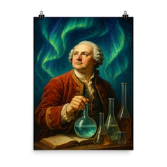 Mikhail Lomonosov under aurora and laboratory glass poster on a plain backdrop in size 8"x10".