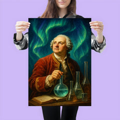 Mikhail Lomonosov under aurora and laboratory glass poster 3