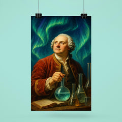 Mikhail Lomonosov under aurora and laboratory glass poster 6