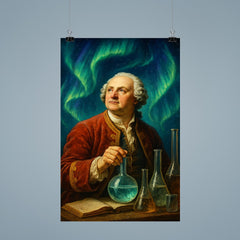 Mikhail Lomonosov under aurora and laboratory glass poster 9
