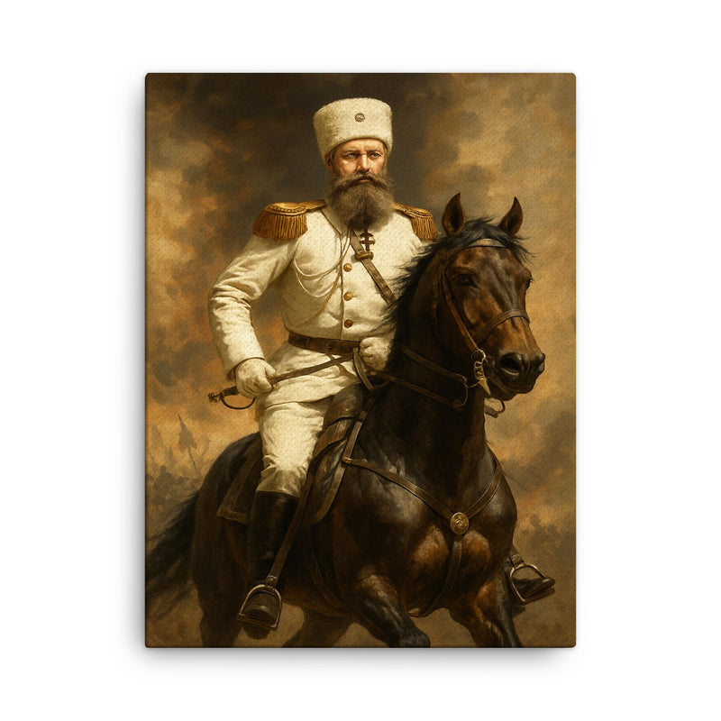 Mikhail Skobelev in white uniform on horseback canvas print on a plain backdrop in size 18