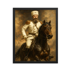 Mikhail Skobelev in white uniform on horseback framed print on a plain backdrop in size 16"x20".