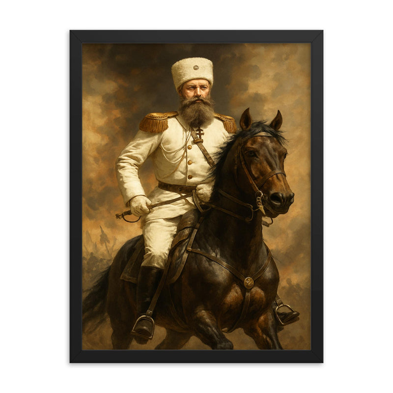 Mikhail Skobelev in white uniform on horseback framed print on a plain backdrop in size 18