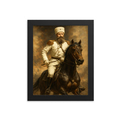 Mikhail Skobelev in white uniform on horseback framed print on a plain backdrop in size 8"x10".