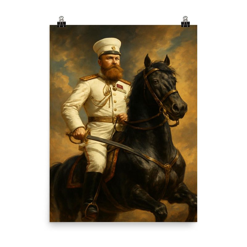 Mikhail Skobelev in white uniform on horseback poster on a plain backdrop in size 8