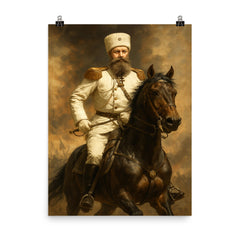 Mikhail Skobelev in white uniform on horseback poster on a plain backdrop in size 8"x10".
