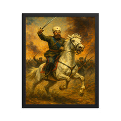 Mikhail Skobelev on white horse charge framed print on a plain backdrop in size 16"x20".
