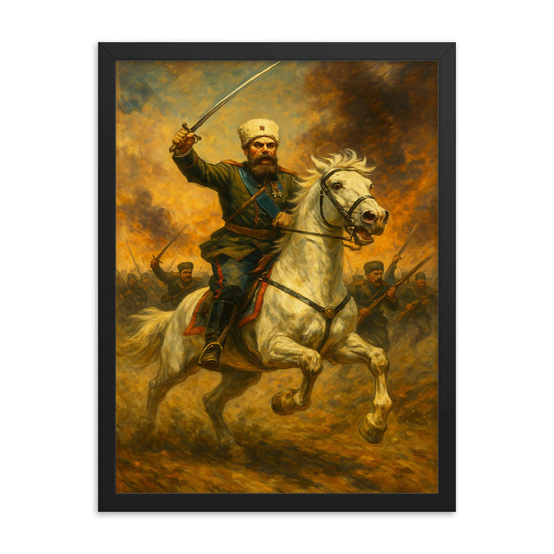 Mikhail Skobelev on white horse charge framed print on a plain backdrop in size 18