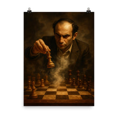 Mikhail Tal sacrificing queen over smoke filled chessboard poster on a plain backdrop in size 8"x10".