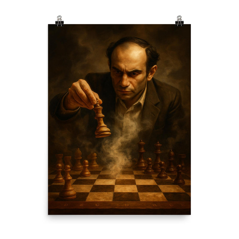 Mikhail Tal sacrificing queen over smoke filled chessboard poster on a plain backdrop in size 8