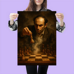 Mikhail Tal sacrificing queen over smoke filled chessboard poster 3