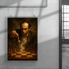 Mikhail Tal sacrificing queen over smoke filled chessboard poster 4