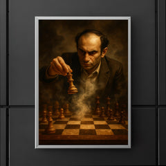 Mikhail Tal sacrificing queen over smoke filled chessboard poster 5