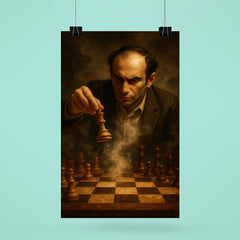 Mikhail Tal sacrificing queen over smoke filled chessboard poster 6