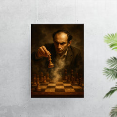 Mikhail Tal sacrificing queen over smoke filled chessboard poster 7