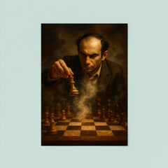 Mikhail Tal sacrificing queen over smoke filled chessboard poster 8