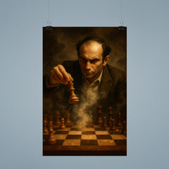 Mikhail Tal sacrificing queen over smoke filled chessboard poster 9