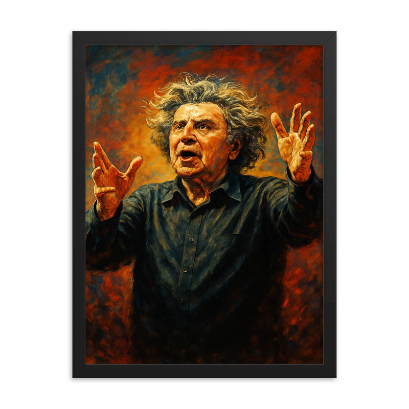 Mikis Theodorakis framed print on a plain backdrop in size 18