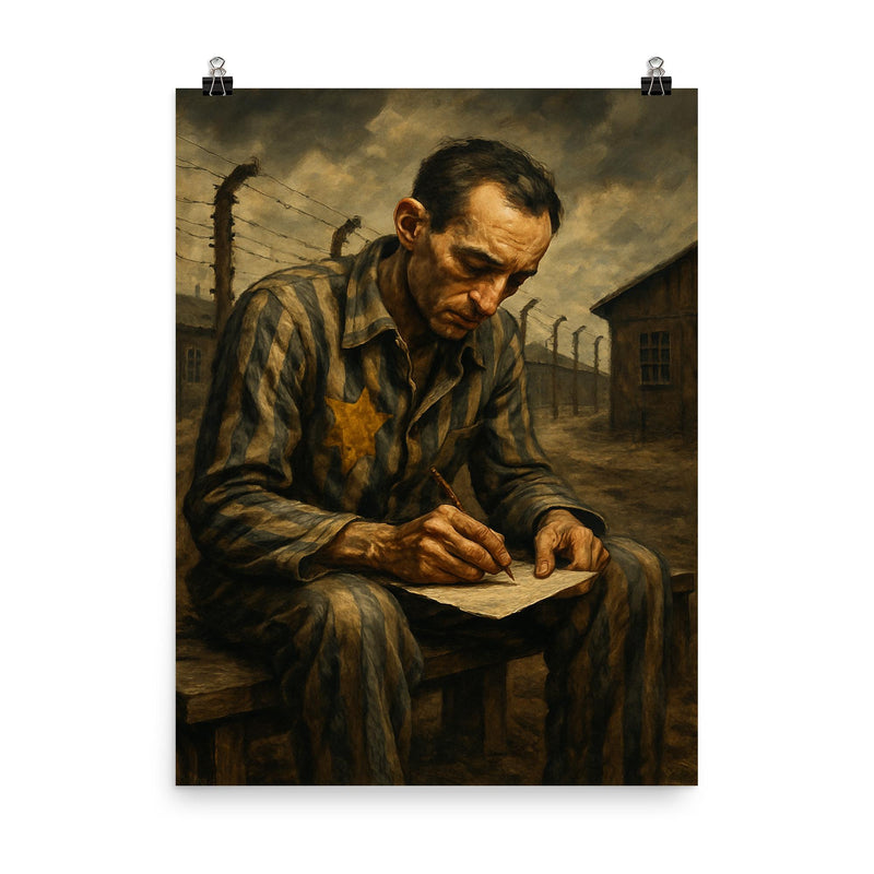 Miklós Radnóti writing last poem in labor camp poster on a plain backdrop in size 8
