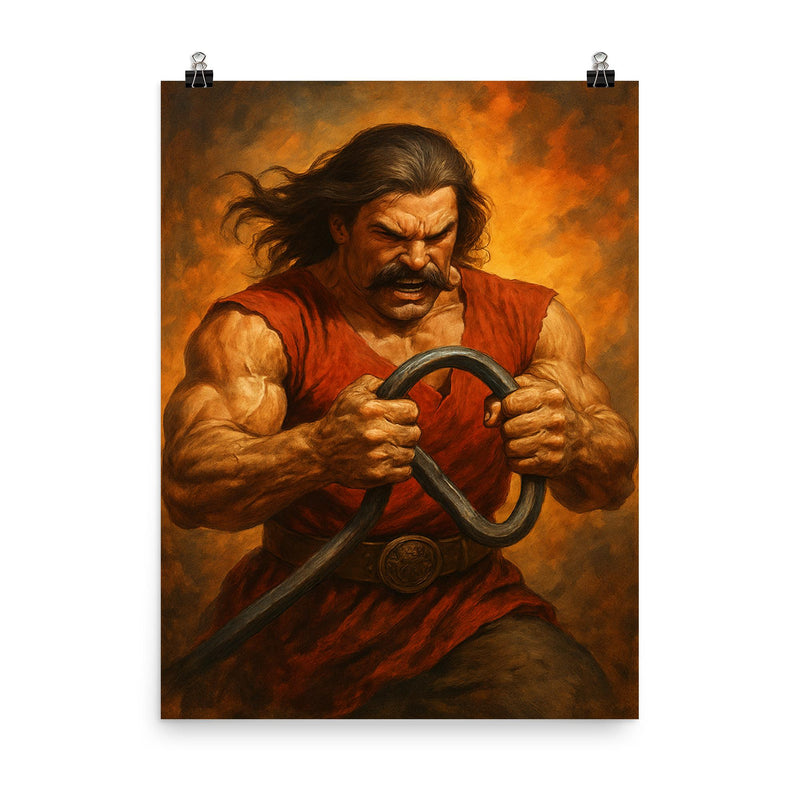 Miklós Toldi bending iron with bare hands poster on a plain backdrop in size 8