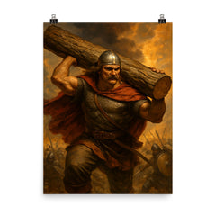 Miklós Toldi carrying a tree trunk into battle poster on a plain backdrop in size 8"x10".