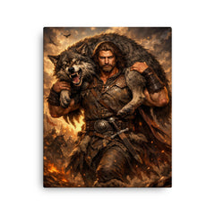 Miklós Toldi carrying a wolf over shoulders canvas print on a plain backdrop in size 16"x20".