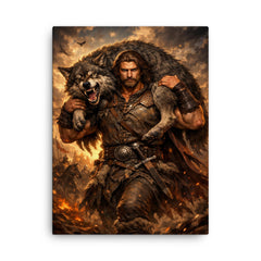 Miklós Toldi carrying a wolf over shoulders canvas print on a plain backdrop in size 18"x24".