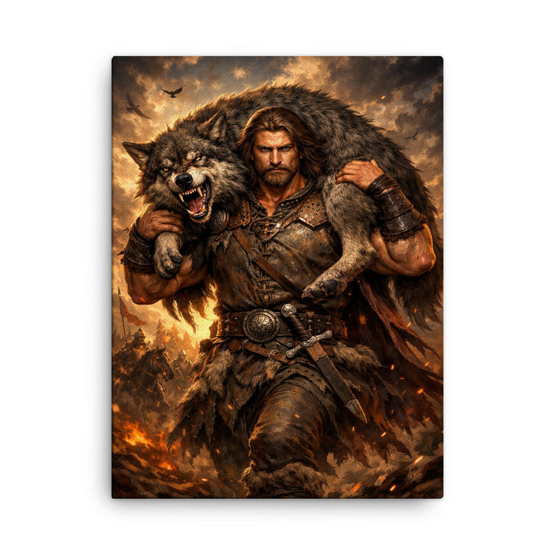 Miklós Toldi carrying a wolf over shoulders canvas print on a plain backdrop in size 18