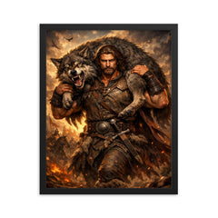 Miklós Toldi carrying a wolf over shoulders framed print on a plain backdrop in size 16"x20".