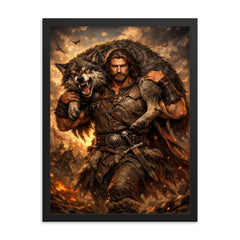 Miklós Toldi carrying a wolf over shoulders framed print on a plain backdrop in size 18"x24".