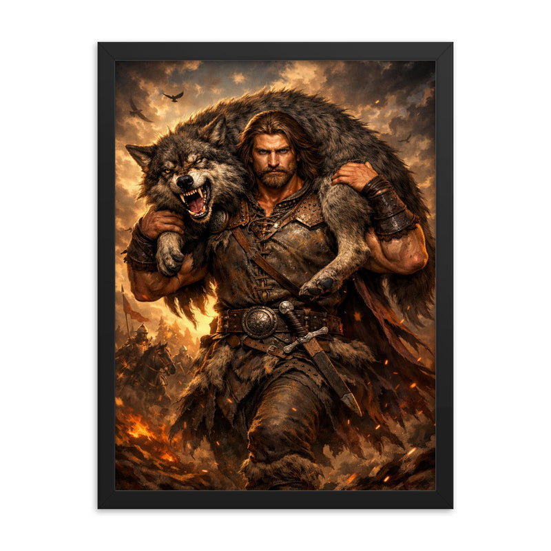 Miklós Toldi carrying a wolf over shoulders framed print on a plain backdrop in size 18