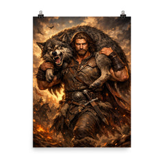 Miklós Toldi carrying a wolf over shoulders poster on a plain backdrop in size 8"x10".