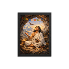 Milarepa in Himalayan cave singing framed print on a plain backdrop in size 12"x16".