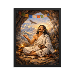 Milarepa in Himalayan cave singing framed print on a plain backdrop in size 16"x20".